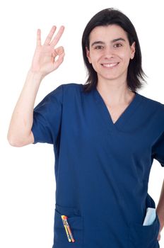 smiling female dentist showing ok sign isolated on white background