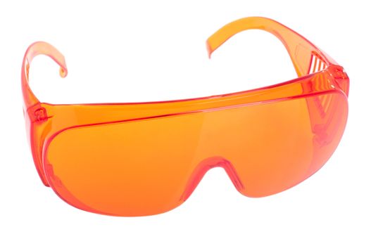 orange safety glasses for patient/other (health equipment to prevent cross infection) isolated on white