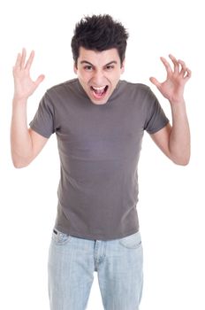 very angry casual man screaming and gesturing isolated on white background