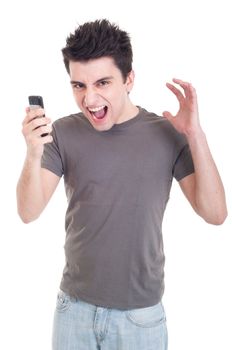 angry young man yelling at mobile phone isolated on white background