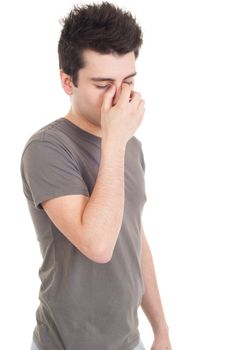 young sad man portrait expression isolated on white background (emotional or financial issue)