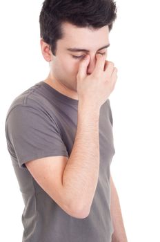 young sad man portrait expression isolated on white background (emotional or financial issue)