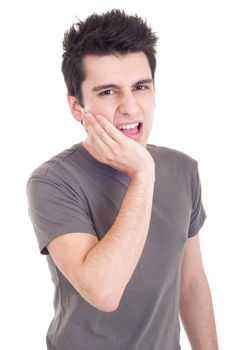 young casual man having a toothache isolated on white background