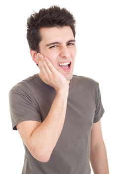 young casual man having a toothache isolated on white background