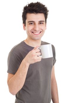 smiling casual man holding coffee/tea mug (isolated on white background)