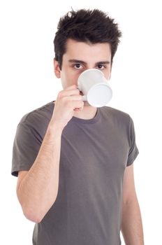 handsome casual man drinking coffee/tea mug (isolated on white background)