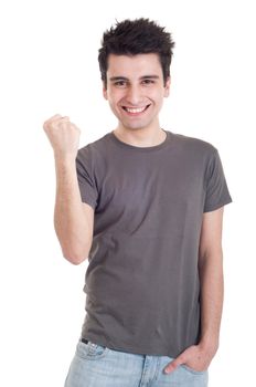 Yes expression, handsome casual man showing excitement  isolated on white background