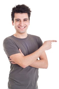 smiling casual man pointing right isolated on white background