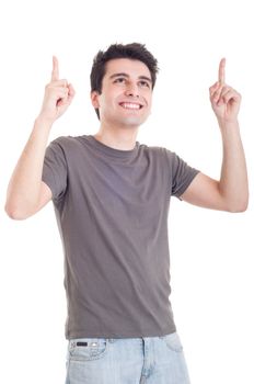 smiling casual man pointing up isolated on white background