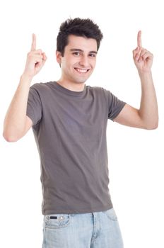 smiling casual man pointing up isolated on white background