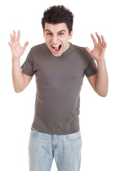 very angry casual man screaming and gesturing isolated on white background