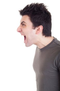 profile view of a very angry man screaming isolated on white background
