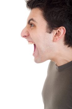 profile view of a very angry man screaming isolated on white background