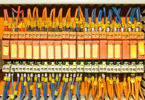 Set of Orange terminal blocks located inside of a control panel