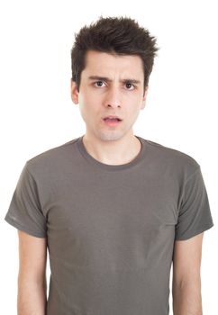 confused young casual man with what expression (isolated on white background)