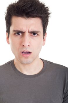 confused young casual man with what expression (isolated on white background)