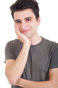 sad depressed young man crying, conceptual picture regarding emotional, financial or violence problems (isolated on white)