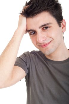 sad depressed young man crying, conceptual picture regarding emotional, financial or violence problems (isolated on white)