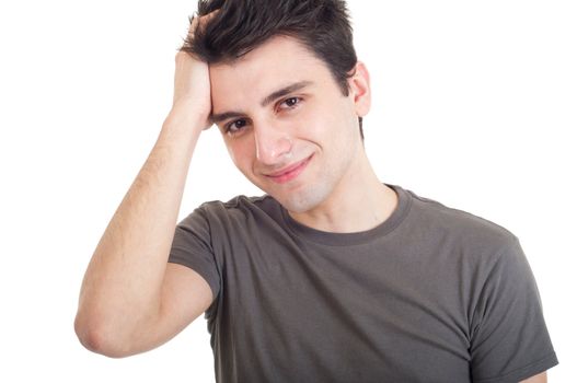 sad depressed young man crying, conceptual picture regarding emotional, financial or violence problems (isolated on white)