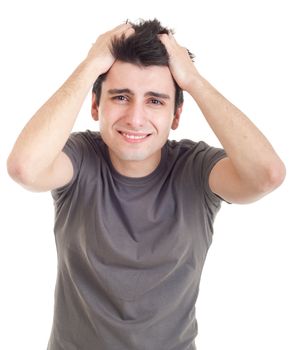 sad depressed young man crying, conceptual picture regarding emotional, financial or violence problems (isolated on white)