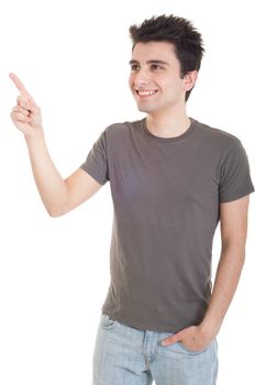 smiling casual man pointing up isolated on white background