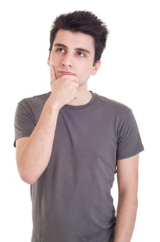 young casual man with a pensive expression isolated on white background