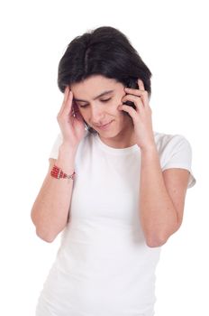 stressed casual woman talking on the phone (isolated on white background)