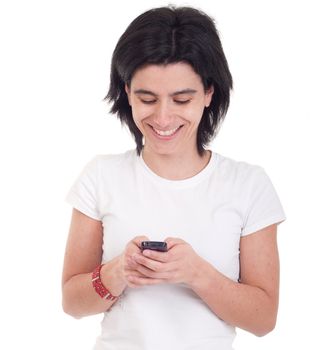 smiling casual woman sending a text message isolated on white background