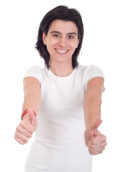 smiling casual woman with thumbs up on an isolated white background