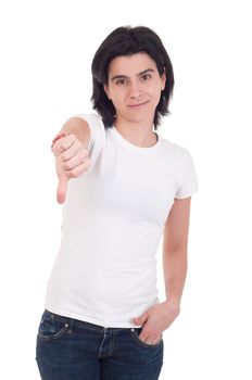 beautiful casual woman with thumbs down on an isolated white background