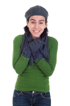 freezing winter woman portrait with scarf, gloves and hat (isolated on white background)