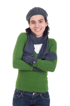 lovely winter woman portrait with scarf, gloves and hat (isolated on white background)
