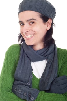 lovely winter woman portrait with scarf, gloves and hat (isolated on white background)