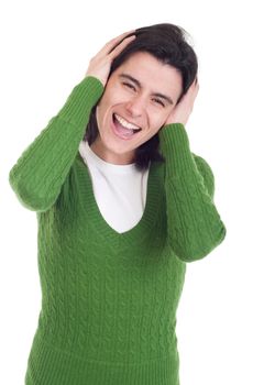 stressed casual woman on pullover isolated on white background