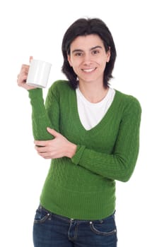 smiling casual woman holding coffee/tea mug (isolated on white background)