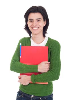 smiling woman student holding dossier (isolated on white background)