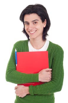 smiling woman student holding dossier (isolated on white background)