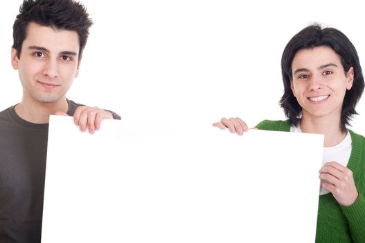 friendly casual man and woman displaying a banner ad isolated on white background 