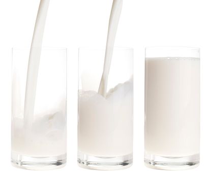 fresh milk pouring into a glass in sequence (isolated on white background)