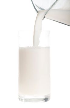 jug pouring fresh milk into a glass (isolated on white background)