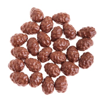 crunchy chocolate coated almonds isolated on white background