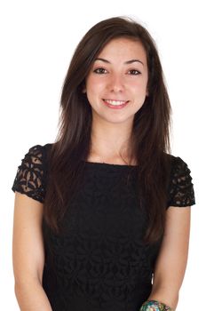 smiling 18 years old young woman in black dress ready for night out (isolated on white background)