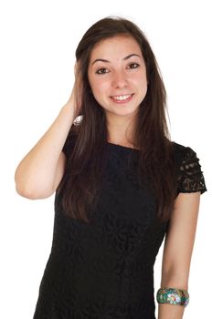 smiling 18 years old young woman in black dress ready for night out (isolated on white background)