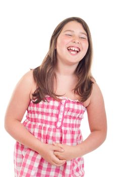 joyful little girl laughing in a pink top (isolated on white background)