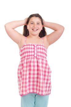 adorable little girl portrait posing in a pink top (isolated on white background) 