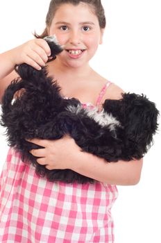 adorable little girl playing with her dog (isolated on white background)