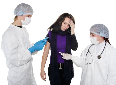 Women getting a flu shot from his doctor. Isolated on white, A(H1N1)
