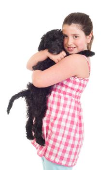 adorable little girl holding her dog (isolated on white background)