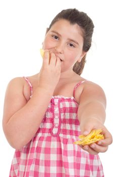 cute little girl eating chips and offering some too (isolated on white background)