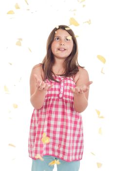 excited little girl trying to catch falling chips (isolated on white background)